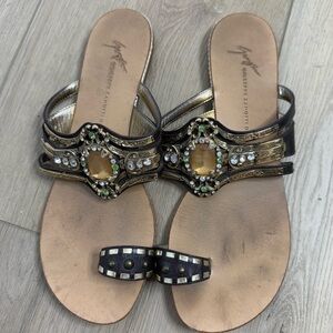 Giuseppe Zanotti Flat Slide Sandals Size 39 Brown Leather Ring Toe Gold Gems